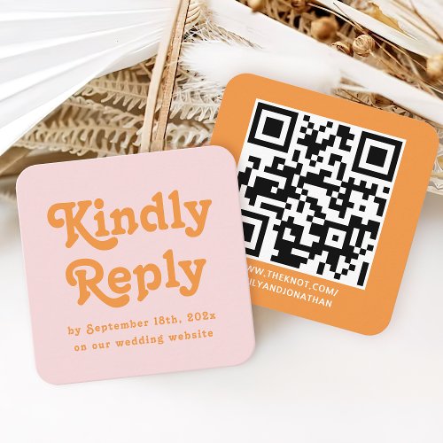 Retro Pink and Orange QR code Wedding RSVP Enclosure Card