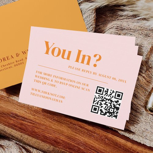 Retro Pink and Orange QR Code Wedding Website  Enclosure Card