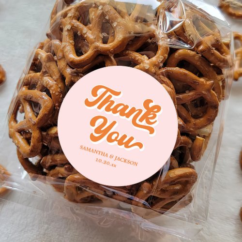 Retro Pink and Orange Thank You Wedding Classic Round Sticker