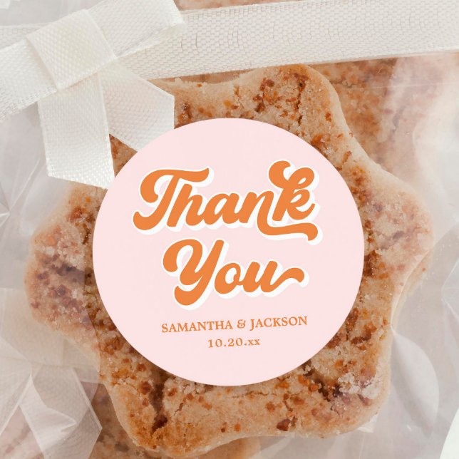 Retro Pink and Orange Thank You Wedding Classic Round Sticker (Creator Uploaded)