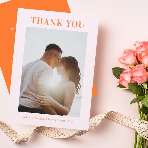 Retro Pink and Orange Typography Photo Wedding Thank You Card