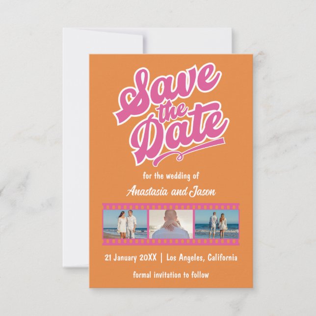 Retro Pink and Orange Wedding Save the Date Card (Front)