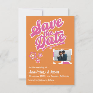 Retro Pink and Orange Wedding Save the Date Card
