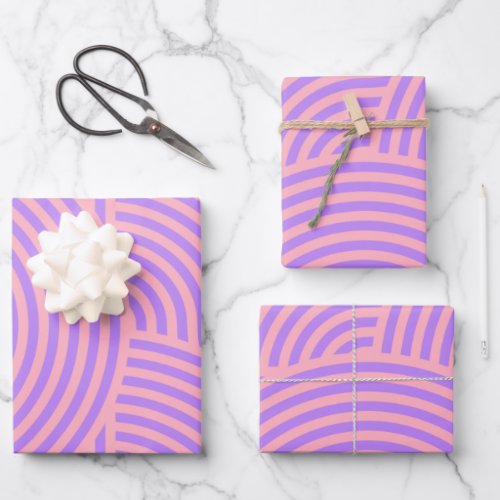 Retro Pink and Purple Groovy Lines Pattern Wrapping Paper Sheets