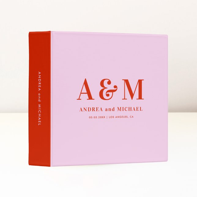 Retro Pink and Red Bold Monogram Seventies Wedding 3 Ring Binder (Creator Uploaded)