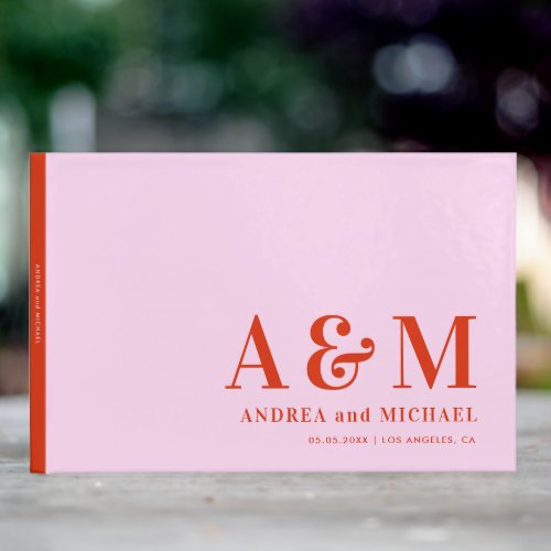 Retro Pink and Red Bold Monogram Seventies Wedding Guest Book