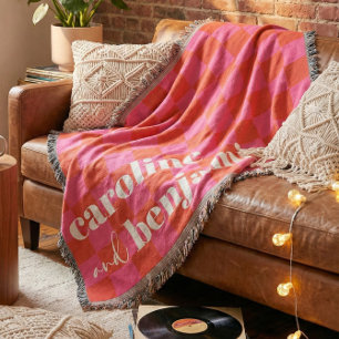 Retro Pink and Red Checkerboard Custom Wedding Throw Blanket
