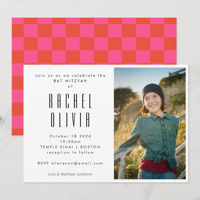 Retro Pink and Red Checkerboard Photo Bat Mitzvah Invitation (Front/Back)