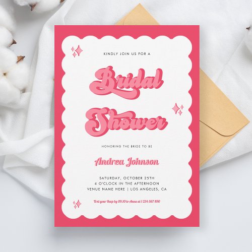 Retro Pink and Red Groovy Script Bridal Shower Invitation
