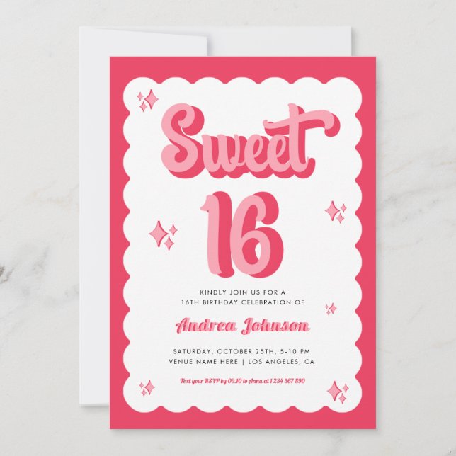 Retro Pink and Red Groovy Sweet 16 Birthday Invitation (Front)