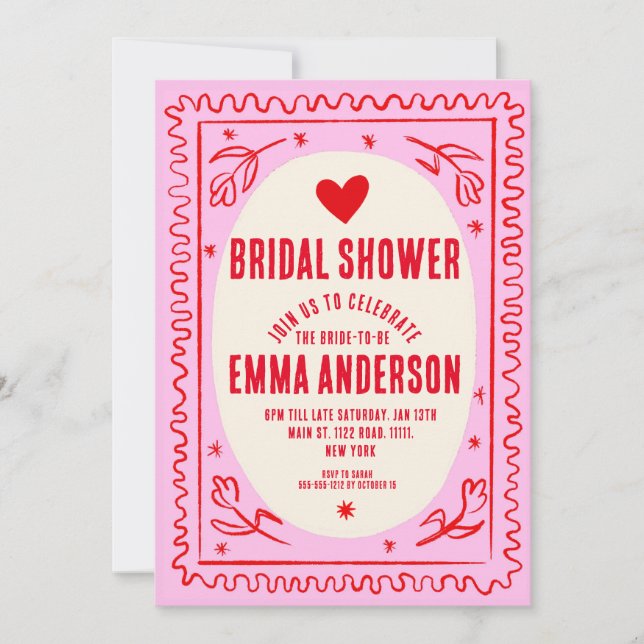 Retro Pink and Red Handwriting Bridal Shower Invitation (Front)