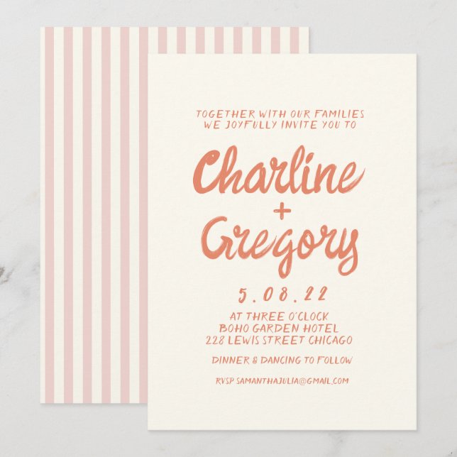 Retro Pink and Red Handwriting Wedding invitation  (Front/Back)