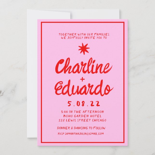 Retro Pink and Red Handwriting Wedding invitation (Front)