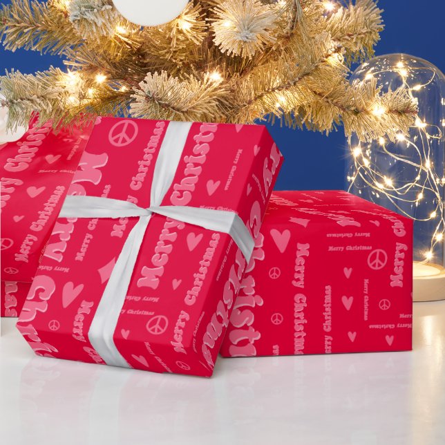 Retro Pink and Red Merry Christmas Peace & Love Wrapping Paper (Holidays)