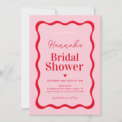 Retro Pink and Red Modern Wavy Bridal Shower Invitation