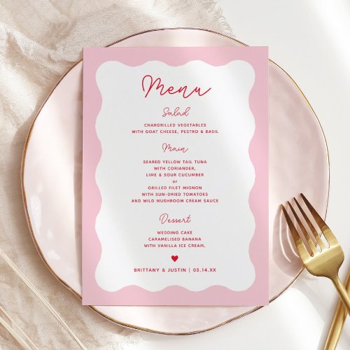 Retro Pink and Red Modern Wavy Wedding Menu Cards