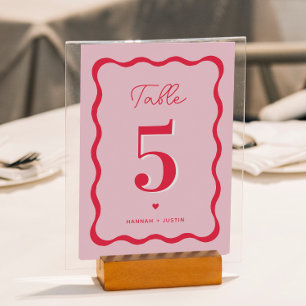 Retro Pink and Red Modern Wavy Wedding Table Number