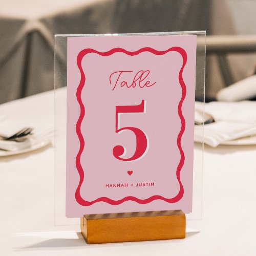 Retro Pink and Red Modern Wavy Wedding  Table Number