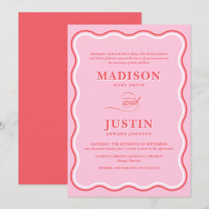 Retro Pink and Red Squiggle Curves Wavy Wedding Invitation