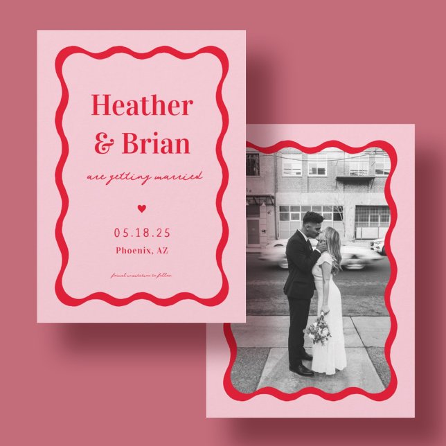 Retro Pink and Red Squiggle Photo Wedding Save The Date (Creator Uploaded)