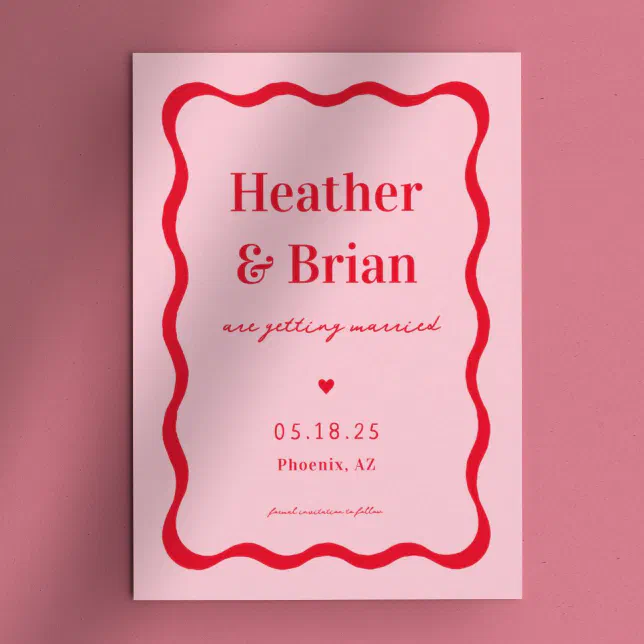 Retro Pink and Red Squiggle Unique Wedding Save The Date | Zazzle