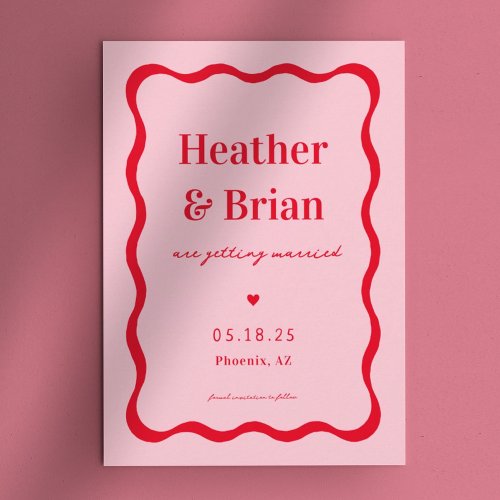 Retro Pink and Red Squiggle Unique Wedding Save The Date