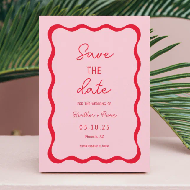 Retro Pink and Red Squiggle Wedding Save The Date | Zazzle