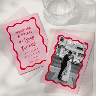 Retro Pink and Red Tying The knot Wedding Save The Date