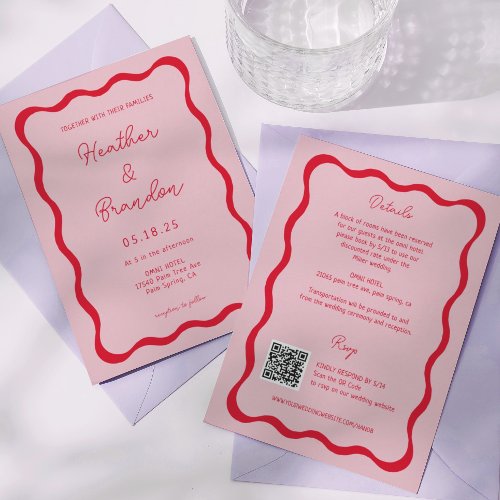 Retro Pink and Red Wave Wedding QR Invitations