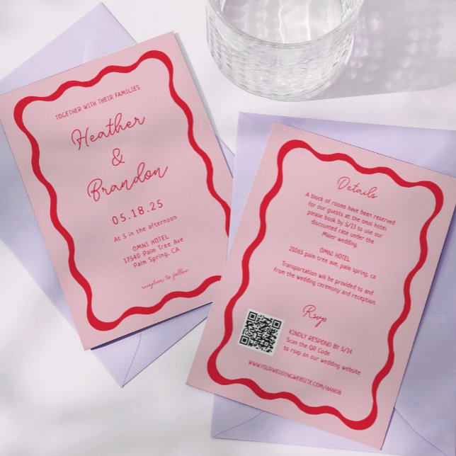 Retro Pink and Red Wave Wedding QR Invitations (Creator Uploaded)