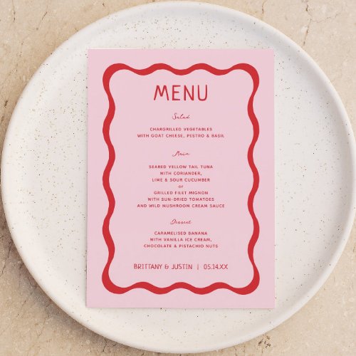 Retro Pink and Red Wavy Bridal Shower Menu Cards