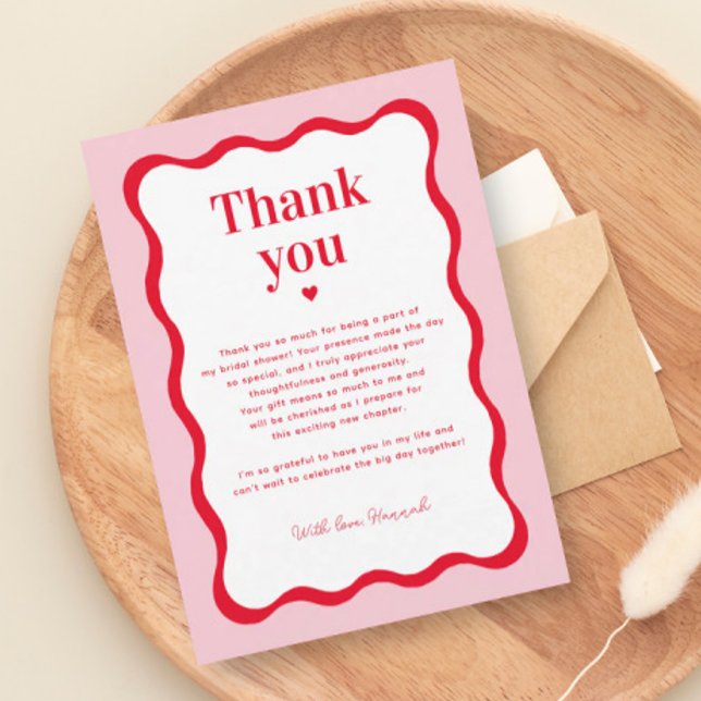 Retro Pink and Red Wavy Bridal Shower Thank You Card (Creator Uploaded)