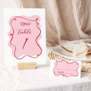 Retro pink and red wavy frame wedding table number