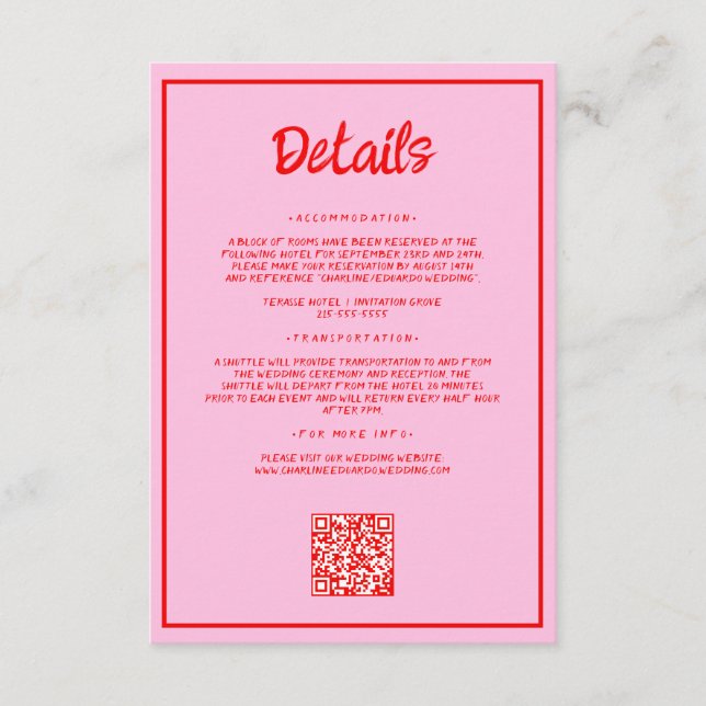Retro Pink and Red Wavy Handwriting wedding Detail Enclosure Card (Front)