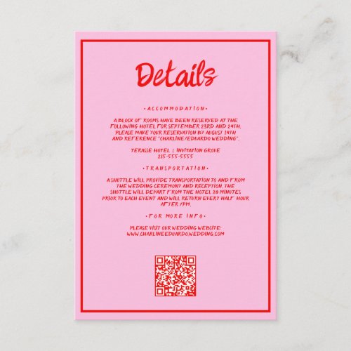 Retro Pink and Red Wavy Handwriting wedding Detail Enclosure Card