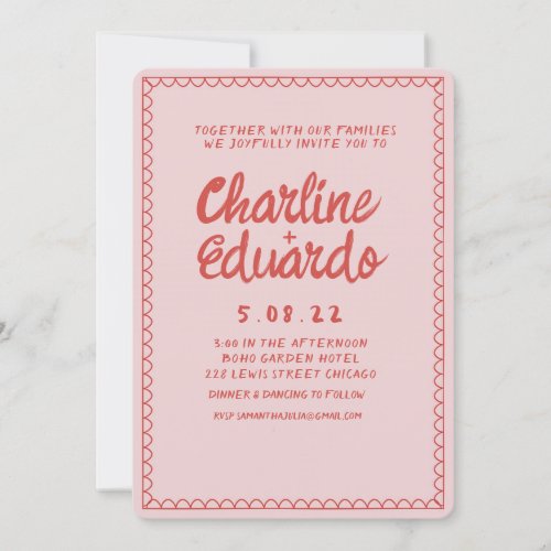 Retro Pink and Red Wavy  Handwriting Wedding  Invitation