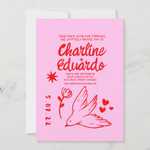 Retro Pink and Red Wavy Handwriting Wedding Invitation