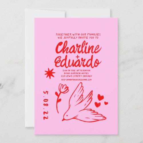 Retro Pink and Red Wavy Handwriting Wedding Invitation