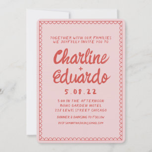 Retro Pink and Red Wavy  Handwriting Wedding  Invitation