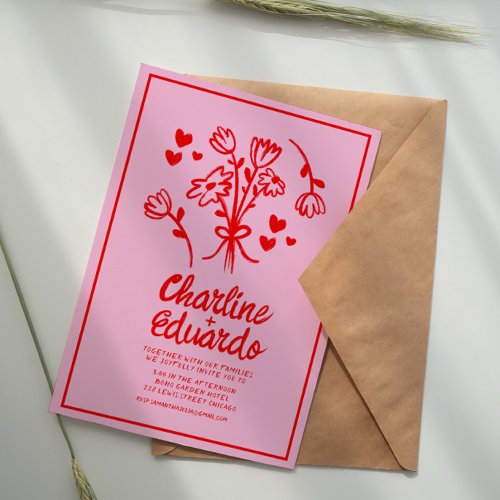 Retro Pink and Red Wavy  Handwriting Wedding Invitation