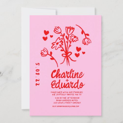 Retro Pink and Red Wavy  Handwriting Wedding Invitation