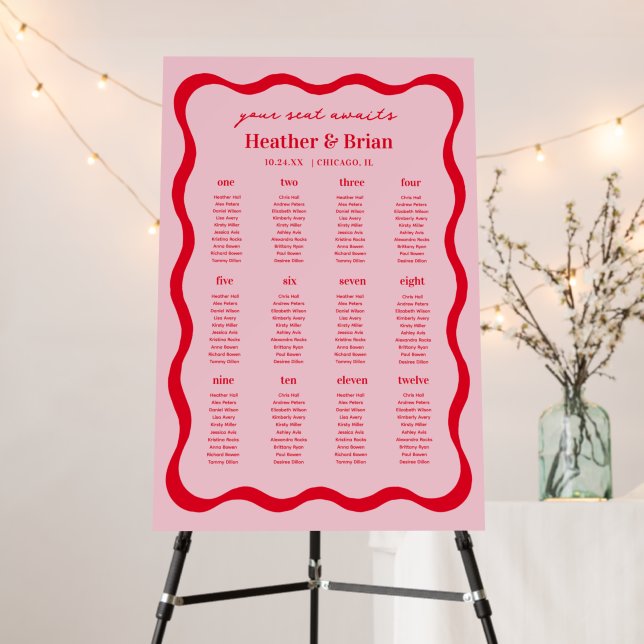 Retro Pink and Red Wavy Wedding Seating Chart Foam Board (In Situ (Stand))
