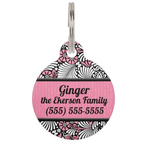 Retro Pink and White Fern for Pets Pet Tag