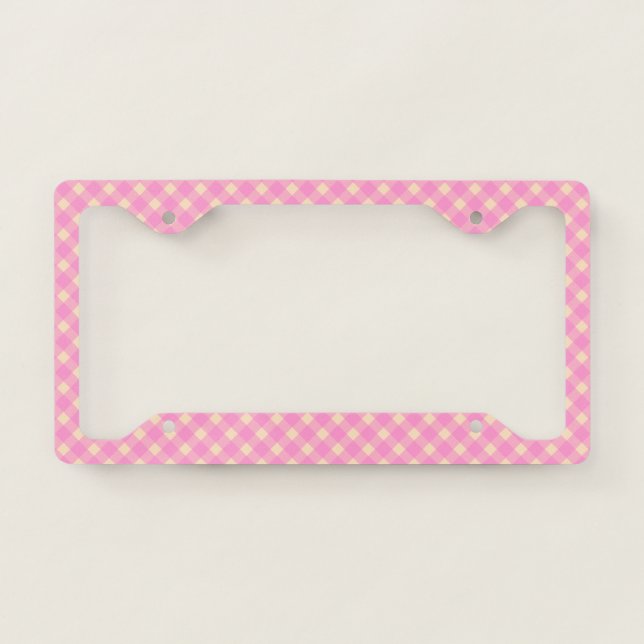 Retro Pink and White Gingham Plaid Pattern   License Plate Frame (Front)
