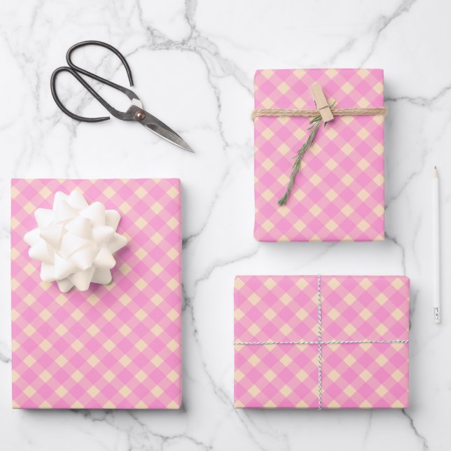 Retro Pink and White Gingham Plaid Pattern  Wrapping Paper Sheets (Front)