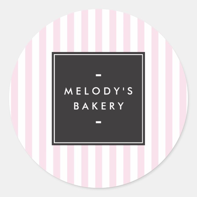 Retro Pink and White Stripes Bakery Classic Round Sticker (Front)