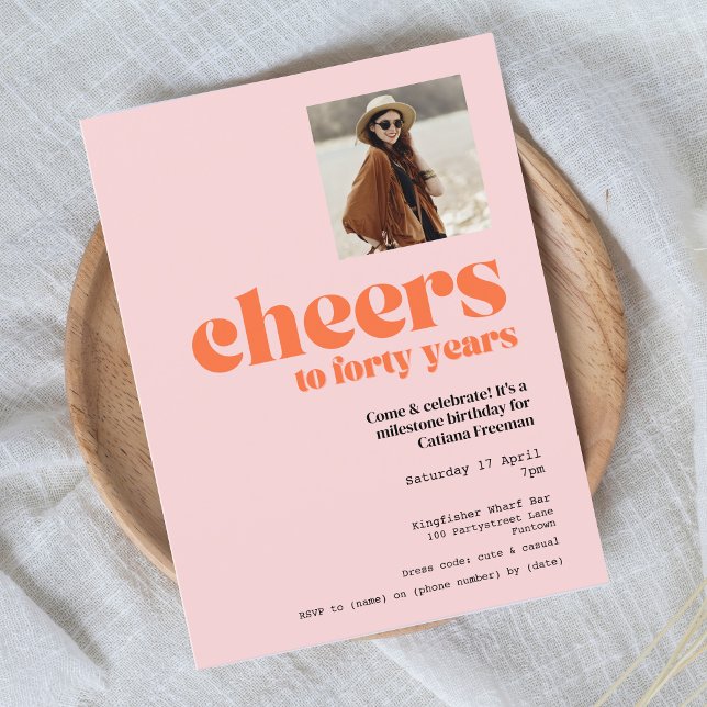 Retro Pink & Apricot, 40th birthday invitation Postcard (Creator Uploaded)