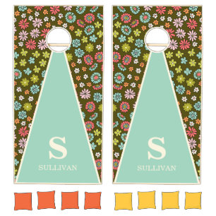 Retro Pink & Aqua Ditsy Daisies Cornhole Set