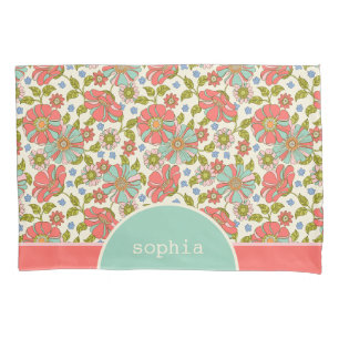 Retro Pink & Aqua Floral Personalized Pillow Case