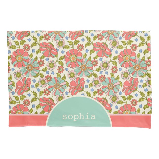 Retro Pink & Aqua Floral Personalized Pillow Case (Front)